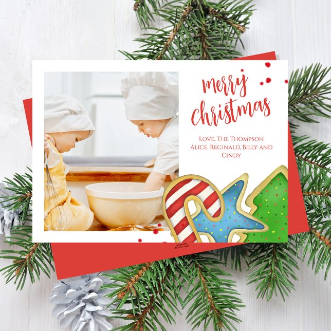 Merry Christmas One Photo Colourful Cookies Holiday Card (Merry Christmas holiday cute photo card with Cookie cutouts artwork.)