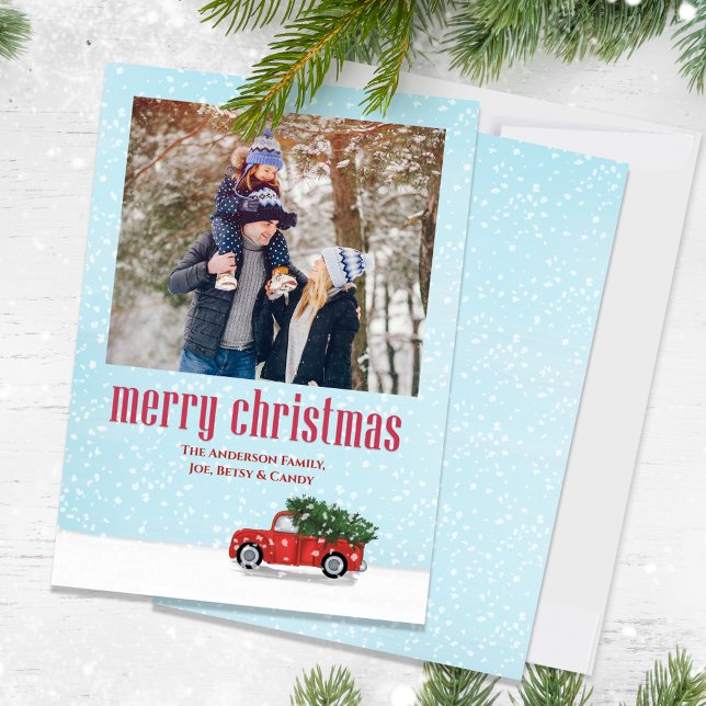Merry Christmas One Photo Red Truck Holiday Card (Christmas classic rustic red truck holiday photo card with whimsical winter snowfall)