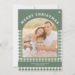 Merry Christmas one photo rustic green gingham Holiday Card