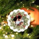 Merry Christmas One Photo Wreath Holly Berries Tree Decoration Card<br><div class="desc">This design features a Merry Christmas holiday wreath photo card with Merry Christmas one photo template with a minimalist wreath,  botanical greenery,  red and green,  winter greenery foliage,  with a trendy classic,  traditional,  botanical leaves,  with simple typography holiday photo cards</div>