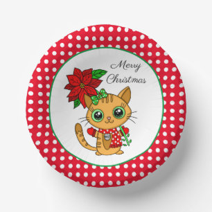 Merry Christmas   Orange Cat with Poinsettia    Paper Plate