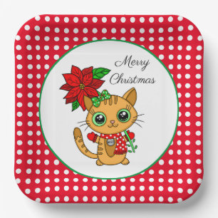 Merry Christmas   Orange Cat with Poinsettia    Paper Plate