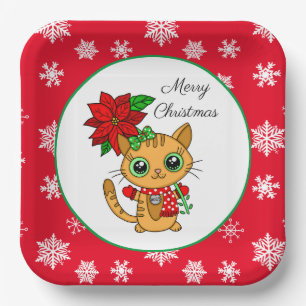 Merry Christmas Orange Cat with Poinsettia Paper Plate