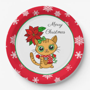 Merry Christmas   Orange Cat with Poinsettia   Paper Plate