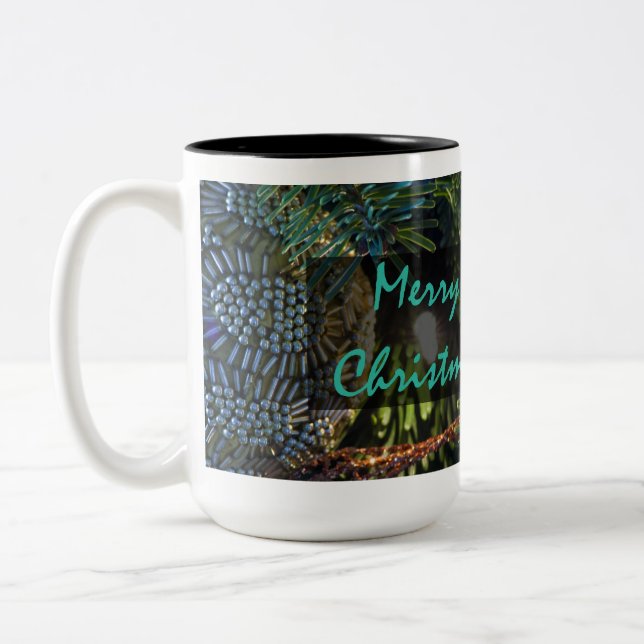 Merry Christmas Ornament Two-Tone Coffee Mug (Left)