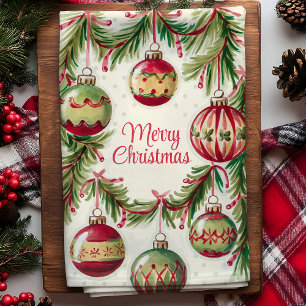 Merry Christmas Ornaments and Pine Branches Tea Towel