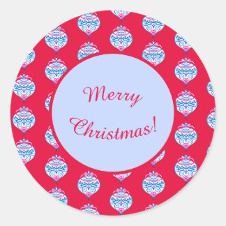 Merry Christmas ornaments on bright red  Classic Round Sticker