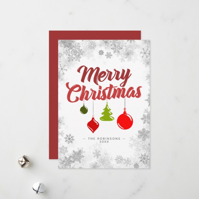 Merry Christmas Ornaments Silver Snowflakes Frame Holiday Card (Front/Back In Situ)