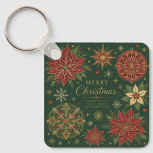 Merry Christmas Ornate Poinsettia Mandala Key Ring