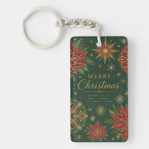 Merry Christmas Ornate Poinsettia Mandala Key Ring