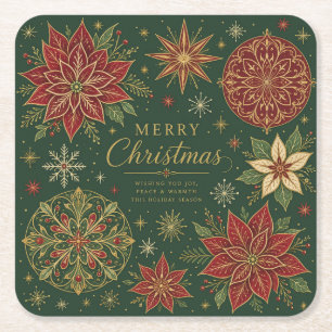 Merry Christmas Ornate Poinsettia Mandala Square Paper Coaster