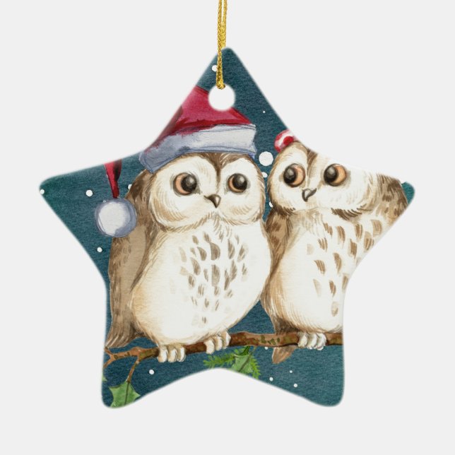 Merry-christmas Owls Ceramic Tree Decoration (Front)