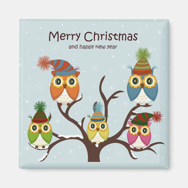 Merry Christmas Owls on the Tree Magnet (Front)