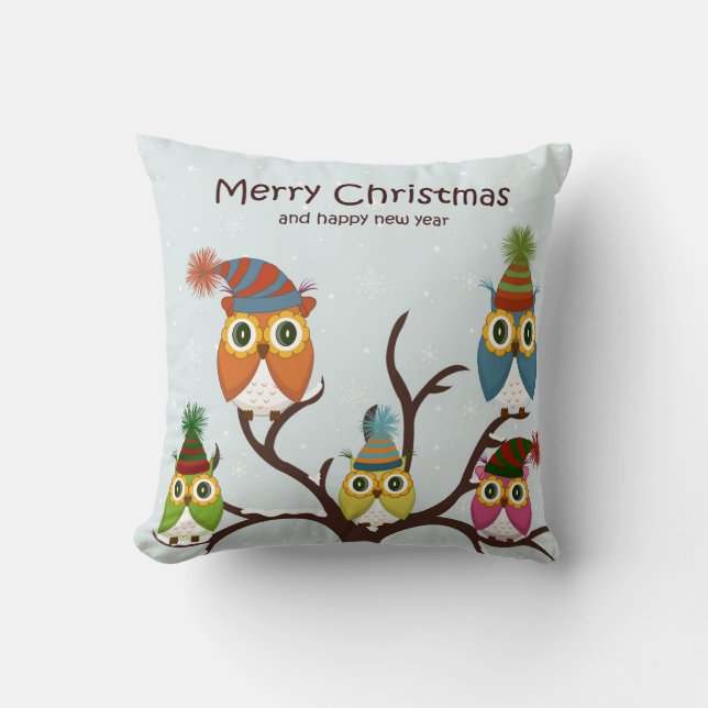 Merry Christmas Owls on the Tree Pillow (Front)