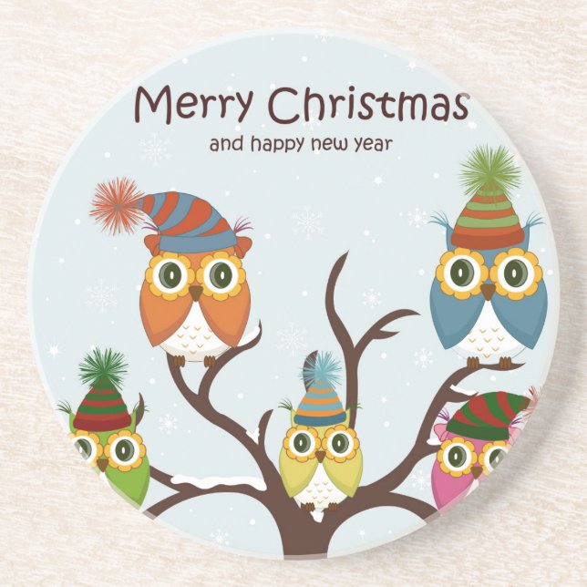 Merry Christmas Owls on the Tree Sandstone Coaster (Front)