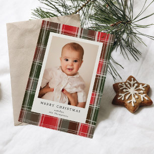 Merry Christmas Painted Red and Green Plaid Photo Holiday Card