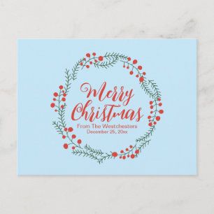 Merry Christmas pale blue red script rustic wreath Postcard