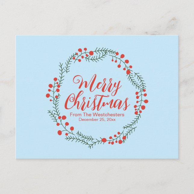 Merry Christmas pale blue red script rustic wreath Postcard (Front)