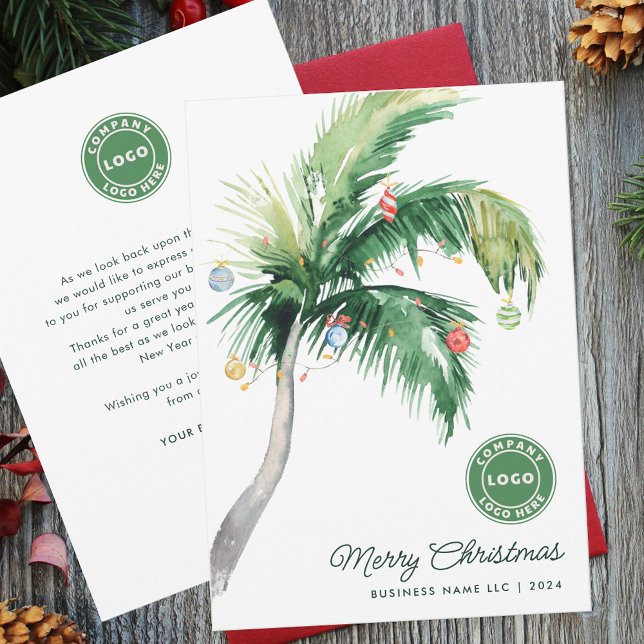 Merry Christmas Palm Tree Coastal Business Logo Holiday Card (Christmas Party Invitation Palm Trees Business Logo)