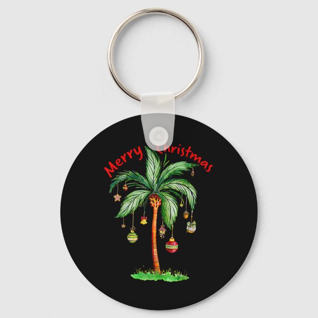 Merry Christmas Palm Tree Hawaii Hawaiian Tropical Key Ring (Front)