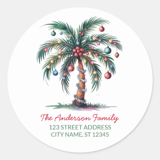 Merry Christmas Palm Tree Light Classic Round Sticker (Front)