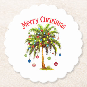 Merry Christmas Palm Tree Light Hawaiian Tropical Paper Coaster