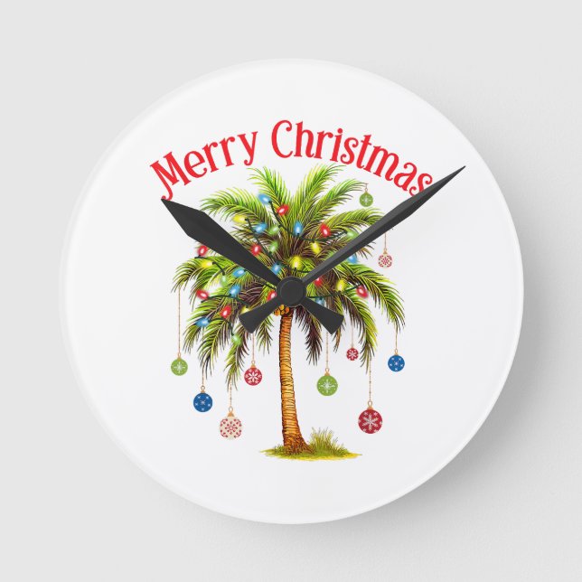 Merry Christmas Palm Tree Light Hawaiian Tropical  Round Clock (Front)