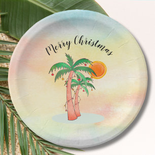 Merry Christmas Palm Trees Paper Plate