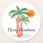 Merry Christmas Palm Trees Round Paper Coaster<br><div class="desc">These Christmas Coasters feature palm trees decorated with lights and baubles.
Because we create our own artwork you won't find this exact image from other designers.
Original Watercolor © Michele Davies.</div>
