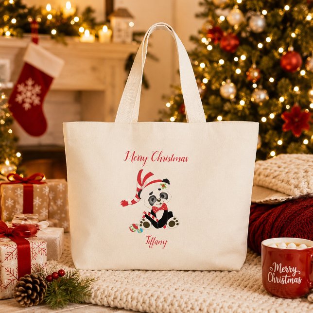 Merry Christmas Panda Bear Large Tote Bag (Creator Uploaded)