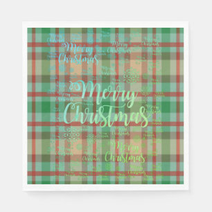 Merry Christmas Paper Napkins, Green & Red Plaid  Napkin