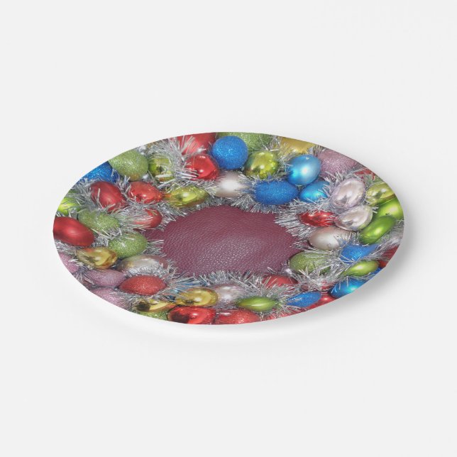 Merry Christmas Party Balls Wreath Silver Red Blue Paper Plate (Angled)