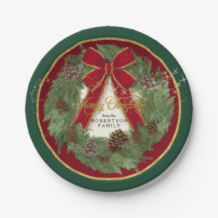 Merry Christmas Party Red Bow Pine Cone Wreath Paper Plate