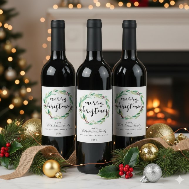 Merry Christmas Party Watercolor wreath holiday Wine Label (Creator Uploaded)
