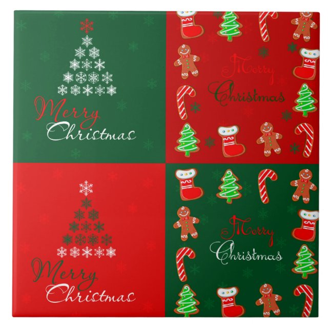 Merry Christmas Patchwork in Winter Green and Red Tile (Front)