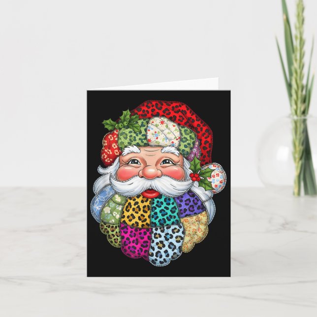 Merry Christmas Patchwork Santa Claus Face X-mas H Card (Front)