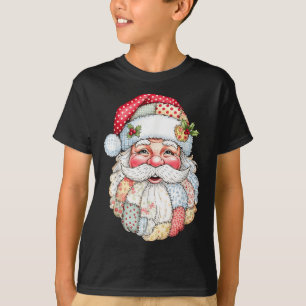 Merry Christmas Patchwork Santa Claus Face X-mas H T-Shirt