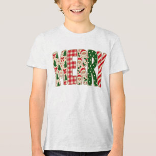 Merry Christmas Patchwork Typography Plaid, Sant Tri-Blend Shirt