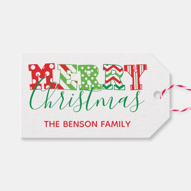 Merry Christmas Pattern Personalised Gift Tags (Front (Horizontal))