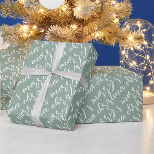 Merry Christmas Pattern Sage Green Wrapping Paper