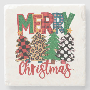 Merry Christmas Pattern Trees Stone Coaster