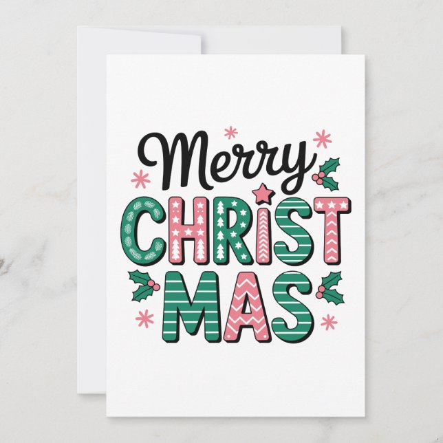 Merry Christmas Patterned Lettering Holly Xmas Invitation (Front)