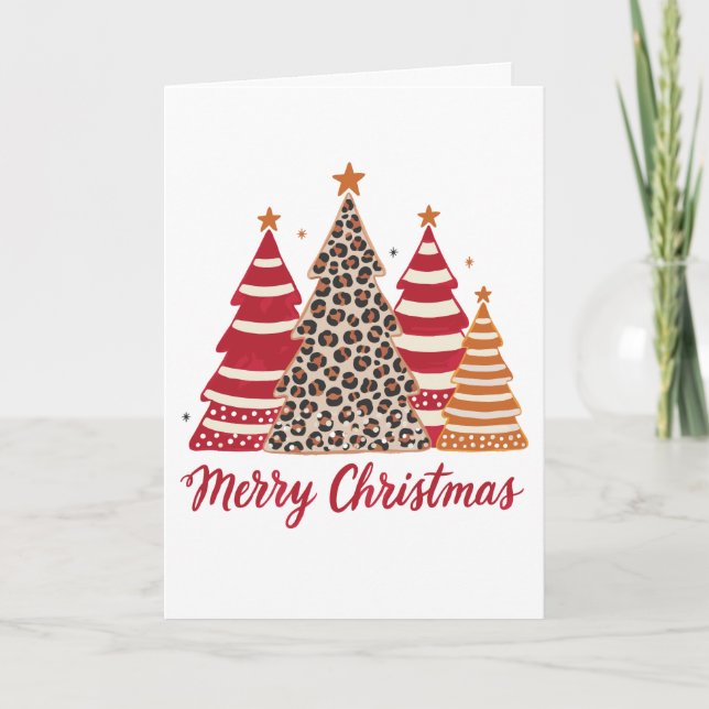 Merry Christmas Patterned Trees Leopard Red Stripe Card (Front)