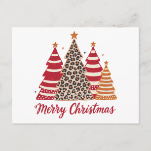 Merry Christmas Patterned Trees Leopard Red Stripe Holiday Postcard