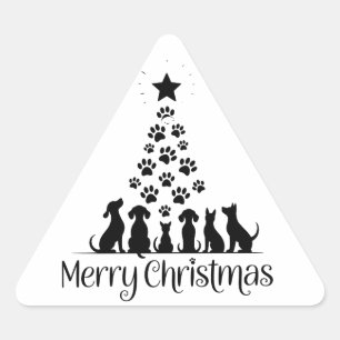 Merry Christmas Paw Tree Dog Lover Cat Lover Mum Triangle Sticker