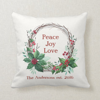 Merry Christmas Peace Joy Love Holly Wreath Rustic Cushion