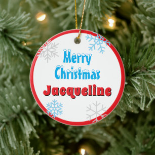 Merry Christmas Peace Snowflakes Red Name Ceramic Tree Decoration