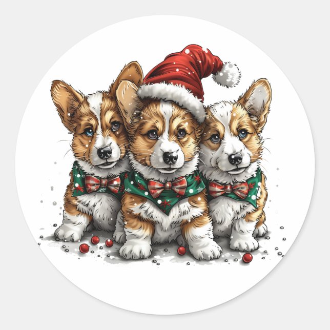 Merry Christmas Pembroke Welsh Corgi Puppies Classic Round Sticker (Front)