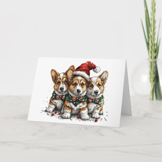 Merry Christmas Pembroke Welsh Corgi Puppies Holiday Card (Front)
