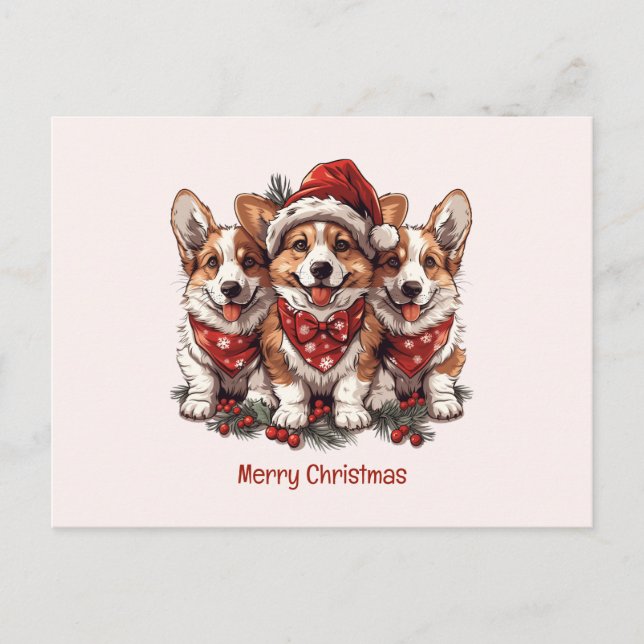 Merry Christmas Pembroke Welsh Corgi Puppies Postcard (Front)
